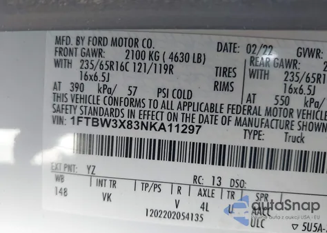 2022 Ford Transit Cargo Van z USA, uszkodzony, nr VIN 1FTBW3X83NKA11297